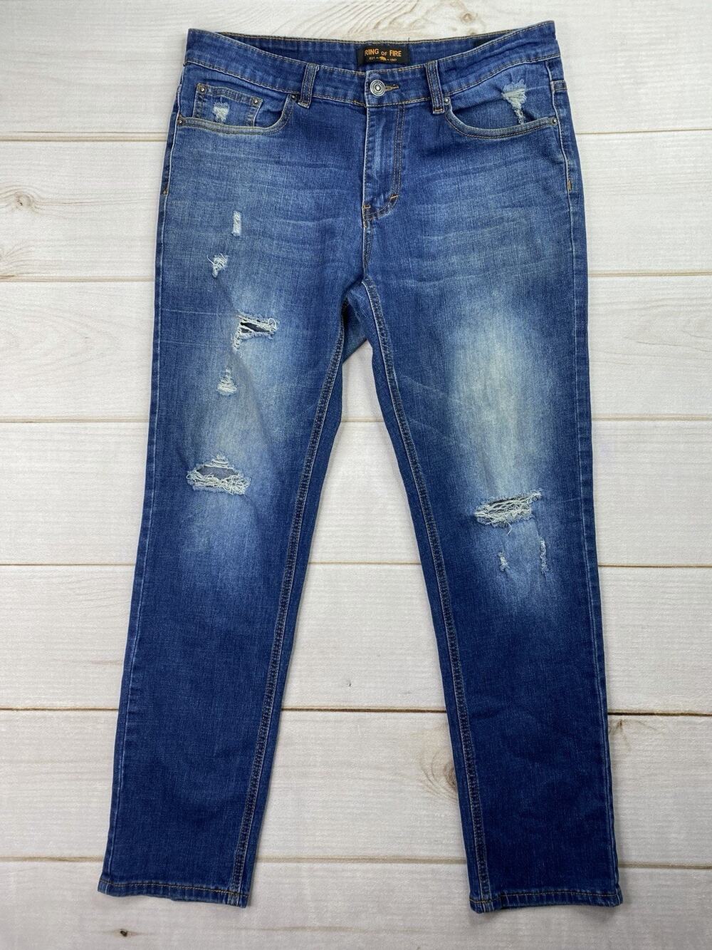 Ring of Fire Slim Fit Jeans Mens 33x30 Distressed Dark Wash Rips Grunge Stretch
